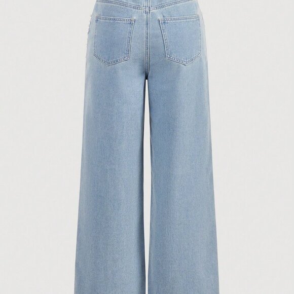 Blue Casual Women's Front Button Pocket Faux Pearl Decor Denim Jeans - Picture 2 of 4